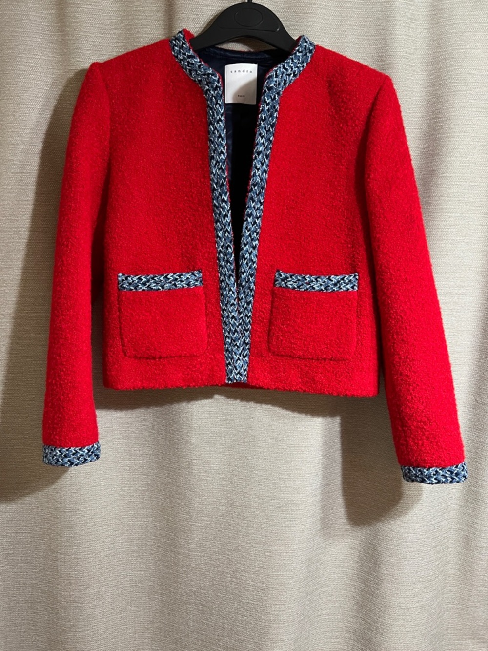 Sandro Paris Red Bouclé Tweed Braided Trim Crop Jacket - Size 36 Lady Jacket